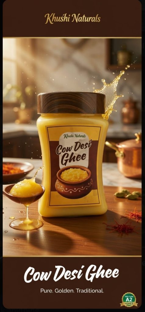 Khushi Naturals Pure Desi Ghee jar with rich golden texture for traditional cooking
